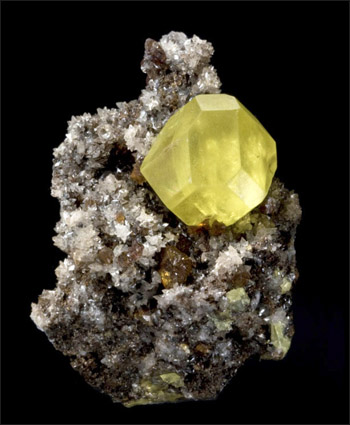 Sulfur on Aragonite Sicily Italy small cabinet Francis Benjamin isolated crystal